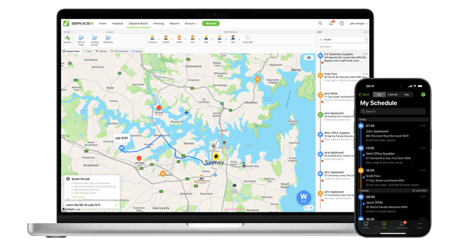 ServiceM8 dispatch board with map view and mobile schedule
