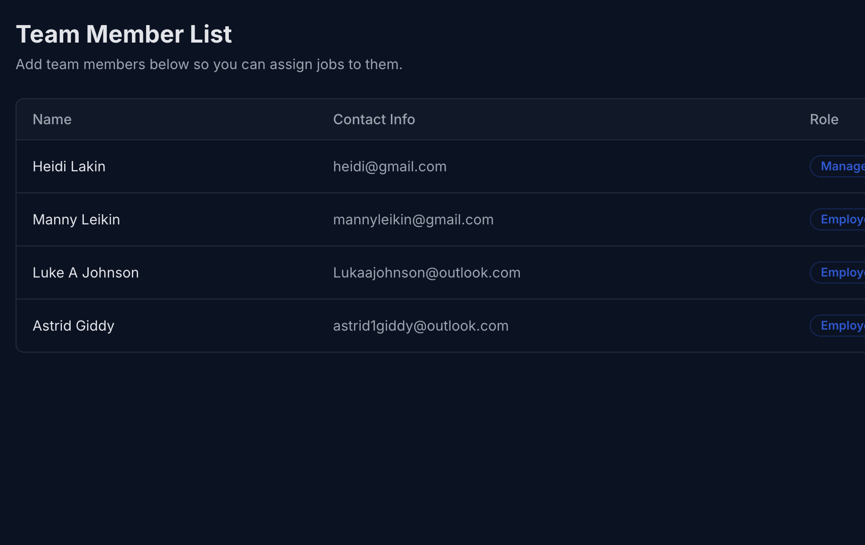Team member list and job alerts