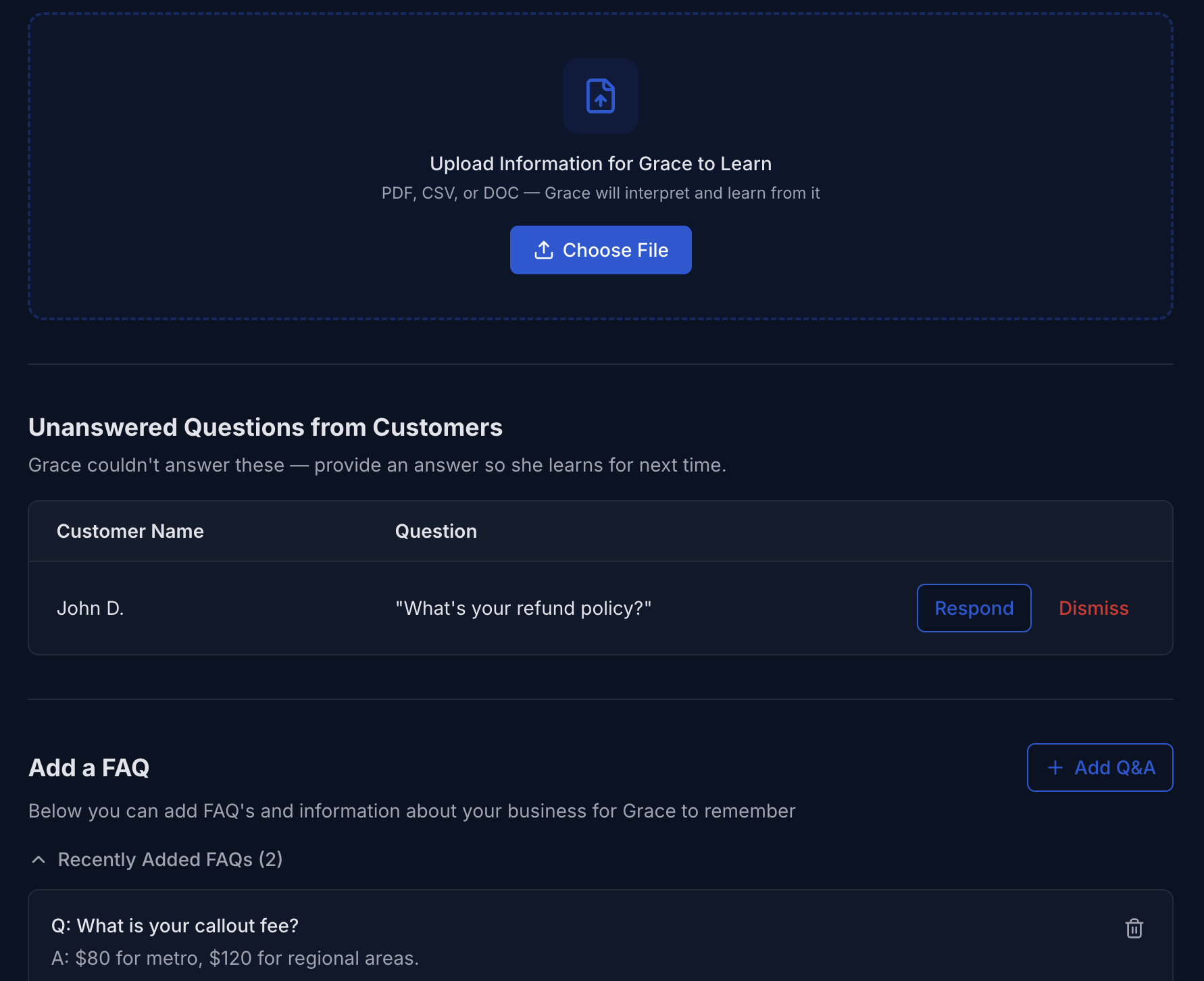 Grace AI training dashboard